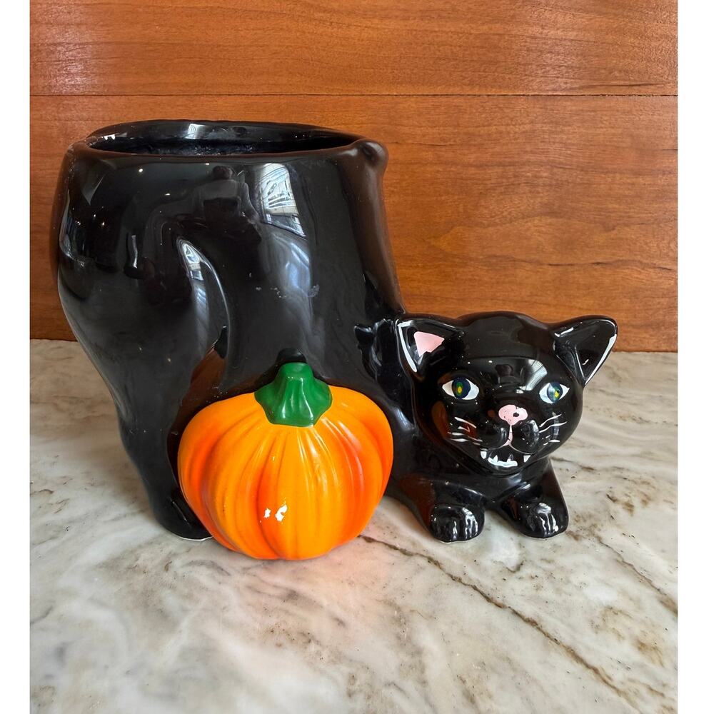 Vintage Black Cat Halloween Ceramic Planter
